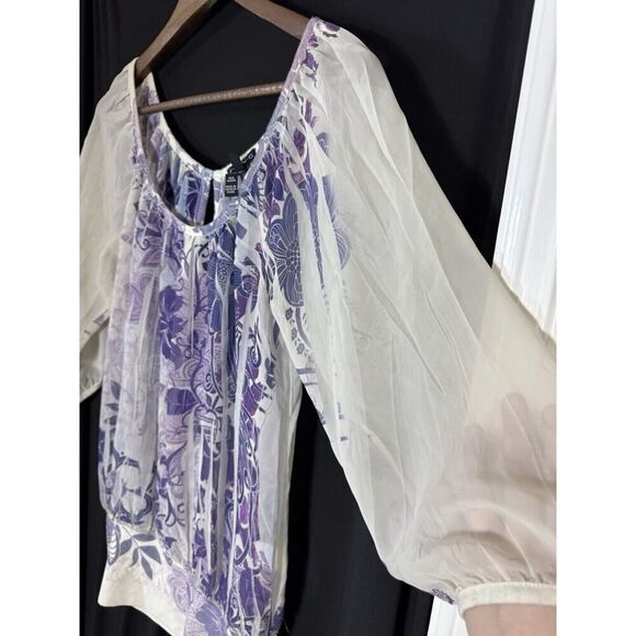 Vintage Fang Women's Blouse Ivory  And Purple Short Sleeve Sheer M Y2K Fairy - Picture 4 of 6